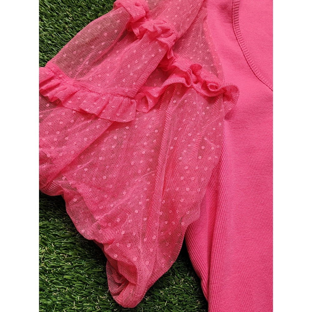 Maeve Anthropologie Hot Pink Ribbed T-Shirt Swiss Dot Ruffle Tulle Sleeve 1X - Picture 5 of 8